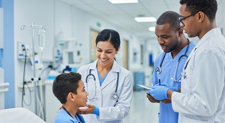 Diverse medical team consults with a young patient in a hospital. A female doctor examines the boy while male colleagues discuss the case. Pediatric healthcare and teamwork.