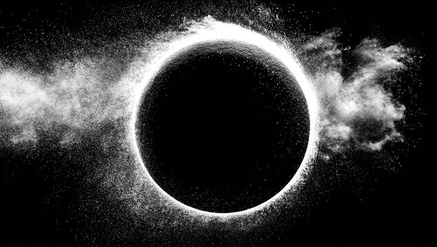 Circular black void surrounded by white, ethereal particles
