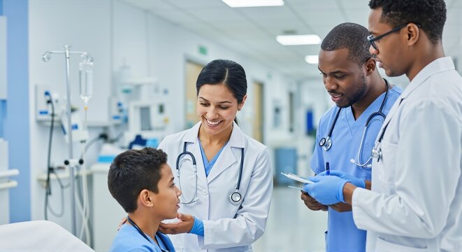 Diverse medical team consults with a young patient in a hospital. A female doctor examines the boy while male colleagues discuss the case. Pediatric healthcare and teamwork.