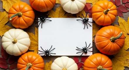 Flat lay of orange and white pumpkins with autumn leaves and black plastic spiders around blank white card. Perfect Halloween and Thanksgiving background for invitations and seasonal designs.
