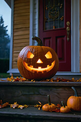 A friendly smiling jack-o'-lantern with a cute carved face sits on the porch steps at dusk