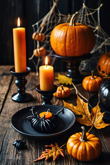 Stylish flat lay set of Halloween holiday items on dark wooden table. Pumpkin, candies, black cat figurine