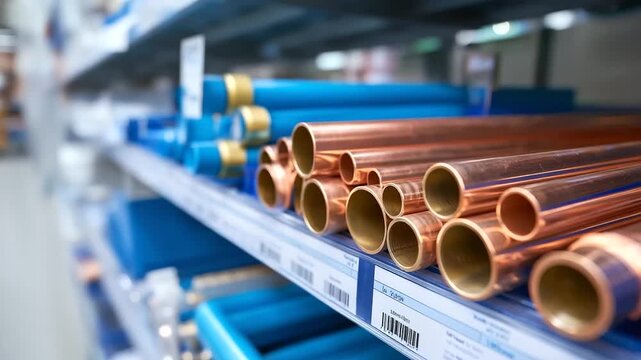 Plumbing fixtures and pipes arranged in store displays featuring PVC pipes copper fittings and faucets with informational tags against a backdrop of store navigation signs plum