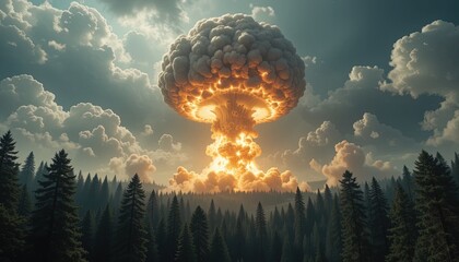 Mushroom cloud rises ominously over forest landscape with dramatic sky for impactful storytelling visuals