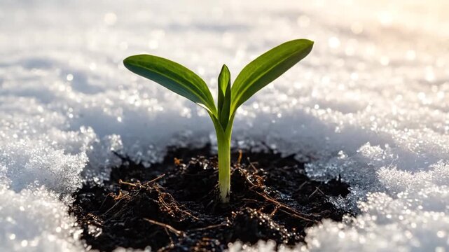 Timelapse video showing a small green plant sprouting and growing through the snow in spring, symbolizing birth, creation, and growth.