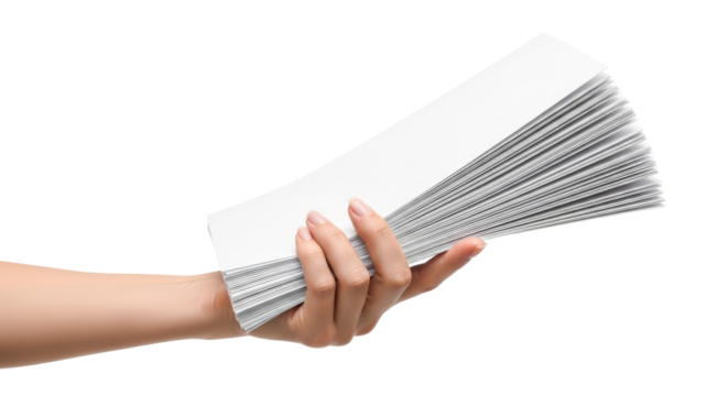 presenting blank papers a hand extends, offering potential and new beginnings, isolated on transparent background