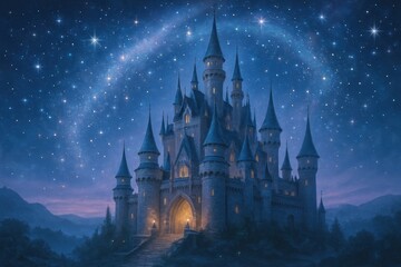 Magical castle under starry sky.