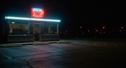 Neon-lit coffee shop at night. Retro diner exterior with empty parking lot. Nostalgic 80s-90s vhs aesthetic. Melancholic urban scene for cinematic backdrop