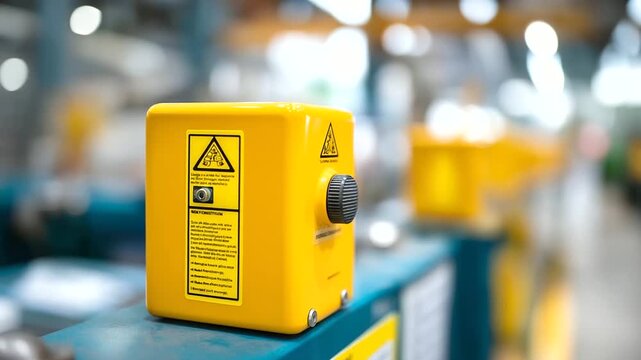 Industrial safety shower and eyewash station with bright yellow activation handles surrounded by hazard warning signs and safety instruction placards in chemical processing plant