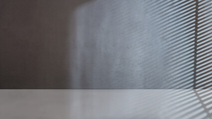Striking light beam shines across the interior of the room with concrete walls. Mockup, copy space, or template. Empty backdrop podium for product or text display