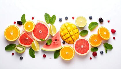 Colorful fruit platter on white background