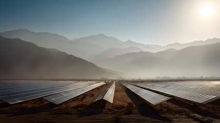 Solar panel farm renewable energy sustainable technology mountain landscape clean energy generation area view