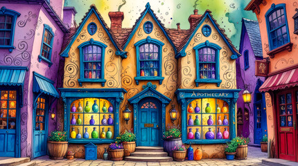 Obraz premium Mystical apothecary scene with glowing bottles and jars, enchanting ambiance, magical potion, fantasy setting.