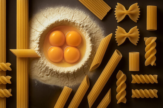 Variety of types and shapes of traditional italian pasta