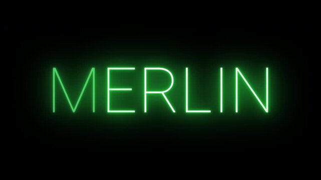 Flickering neon green merlin sign animated on black background.
