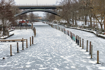 Frozen water canal in the center of Stockholm, Sweden