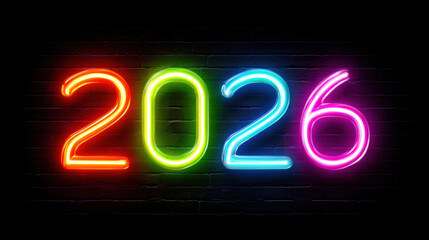 Bright neon numbers 2026 glow against dark background, creating vibrant and festive atmosphere. colorful lights evoke excitement and anticipation for upcoming year