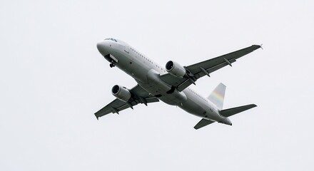 Naklejka premium 白く輝く機体 滑らかに下降する旅客機 雲一つない空. AI Generated