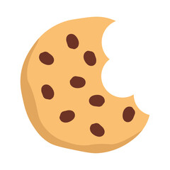 Bitten chocolate chip cookie icon. Delicious biscuit in flat style. Dessert bite with crumbs and chocolate sweetness. Cookie symbol. Simple vector illustration isolated on white background.