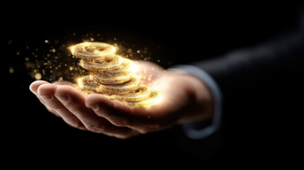 Hand holds glowing golden coins, symbolizing wealth and prosperity. shimmering effect adds magical touch, evoking feelings of success and abundance
