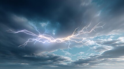 Lightning Dance in the Heavens: The sky erupts in a breathtaking display of nature's raw power, as a stunning bolt of lightning dramatically illuminates the ominous, cloud-filled sky.