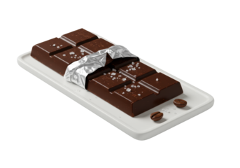 Close-up of a gourmet dark chocolate bar with sea salt flakes & coffee bean on a white plate against a transparent studio background with bright lighting. Elegant product photography