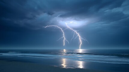 Electrifying Spectacle: A dramatic display of nature's power unfolds as a lightning bolt illuminates the dark, stormy sky, striking the calm ocean waters with raw energy.