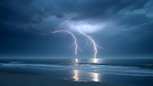 Electrifying Spectacle: A dramatic display of nature's power unfolds as a lightning bolt illuminates the dark, stormy sky, striking the calm ocean waters with raw energy. - Powered by Adobe