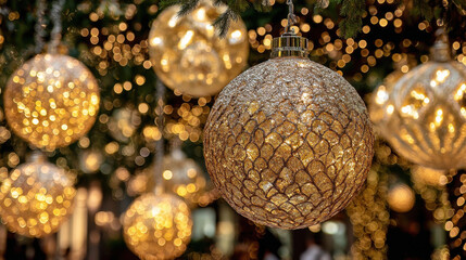 Obraz premium Golden Christmas ornaments hang elegantly against backdrop of shimmering lights, creating warm and festive atmosphere. intricate designs of ornaments add touch of elegance to holiday decor