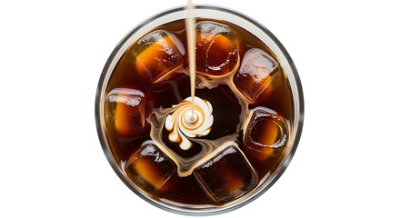 Pouring cream into iced coffee isolated on transparent background