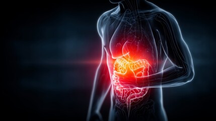 Transparent illustration of stomach pain caused by intestinal disorder with human anatomy