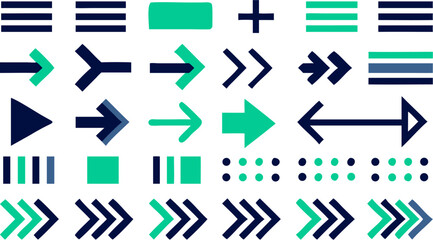 Collection of various directional arrows plus signs and bars in green and navy on a white background