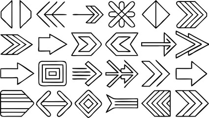 Collection of varied arrow designs and geometric shapes in black outline on a white background display