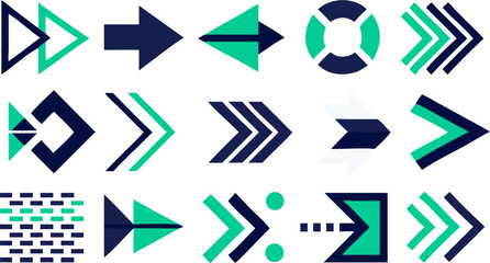 Collection of fifteen arrow icons in blue and green with different styles and orientations on white