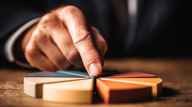 Hand is reaching towards segmented pie chart made of colorful pieces, symbolizing decision making or analysis. image conveys sense of focus and strategy in business or financial context