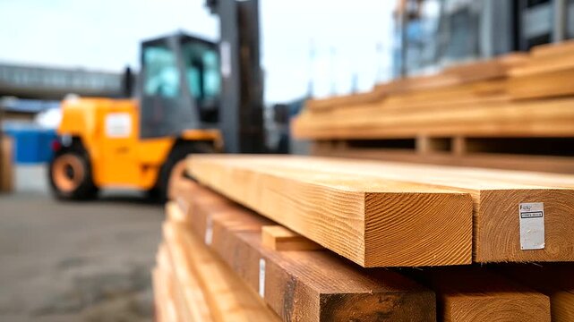 Lumber yard section with stacked wooden planks and boards of various sizes featuring dimensional lumber tags and a forklift in soft focus emphasizing the scale of building
