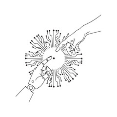 Human and robot hands connection line icon. AI and future technology concept symbolizing the creation and interaction between humanity and machines.
