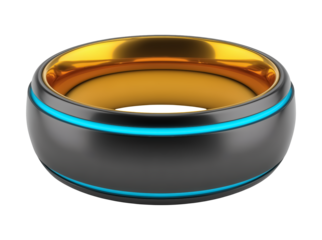 Sleek modern smart ring with glowing blue accents and luxurious gold interior for futuristic tech enthusiasts isolated on png transparent background