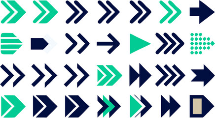 Illustration of various arrows pointing right in shades of green and blue on a white background artfully arranged
