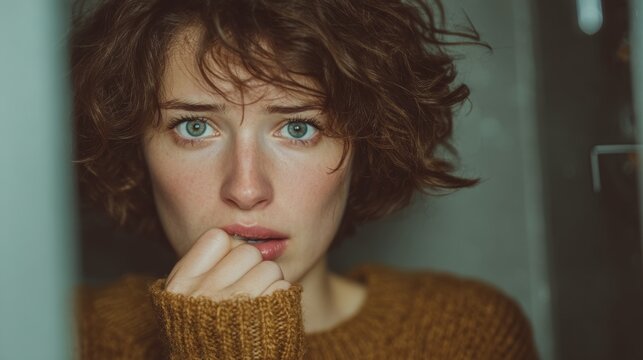 Woman feeling emotional wearing a warm sweater in a cozy indoor setting