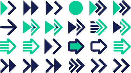 Illustration showing a variety of forward pointing arrows and a circle in green and dark blue colors