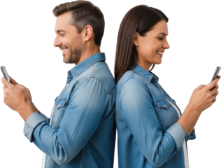 Smiling man and woman in denim shirts holding smartphones and looking at screens