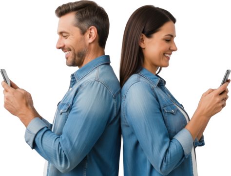 Smiling man and woman in denim shirts holding smartphones and looking at screens