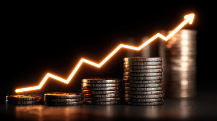 Increasing financial growth is represented by stack of coins with rising graph line, symbolizing investment success and economic progress