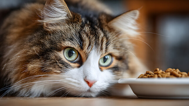 Close up Long haired cat eting organic food from a bwl. Cat eating dry food frm white bowl at home. Feedng your pet. Animals and pts feed concept