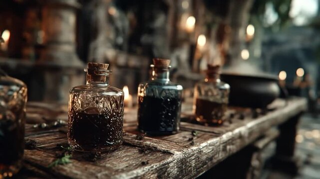 Antique potion bottles display on wooden table with dim interior lighting