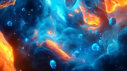 Abstract colorful background with blue and orange hues and bubble-like shapes.