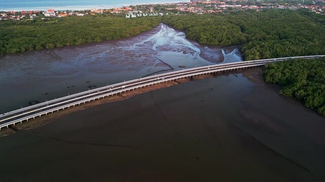 Drone footage captures Bali Mandara Toll road winding across vast mangrove forest with low tide mudflats below showcasing tropical beauty and the unique bridge structure connecting the island
