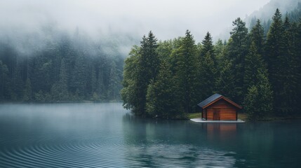 Fototapeta premium Serene lakeside cabin nestled amidst a misty forest and tranquil water landscape