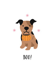 Boo vector quote. Happy Halloween card. Cute dog with a pumpkin basket on a white background. Dog print in flat style.
